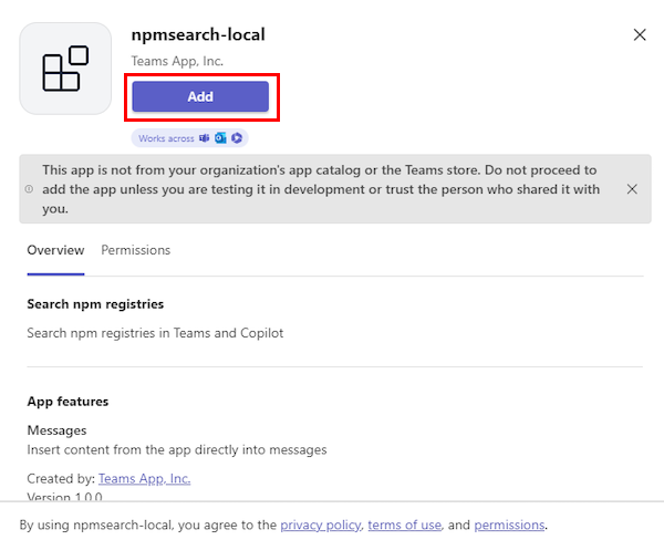 Capture d’écran montrant un exemple de l’option Ajouter pour ajouter une application locale de plug-in Contoso à Teams.