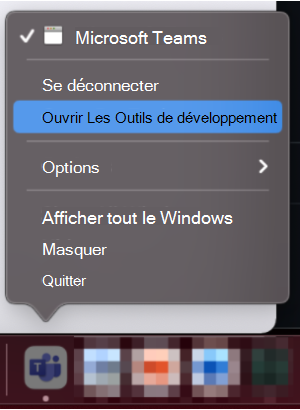 Capture d’écran montrant l’option permettant d’ouvrir DevTools à partir du dock macOS.