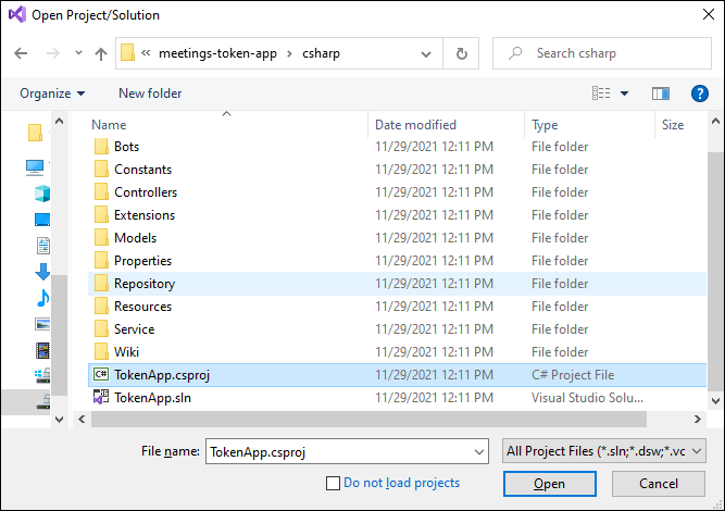 Capture d’écran du dépôt cloné avec le fichier TokenApp.csproj mis en évidence en rouge.