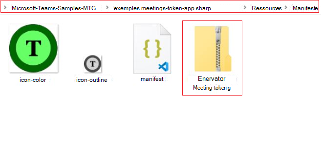 Capture d’écran du dépôt cloné avec le chemin d’accès et le fichier zip du générateur de jetons de réunion mis en évidence en rouge.