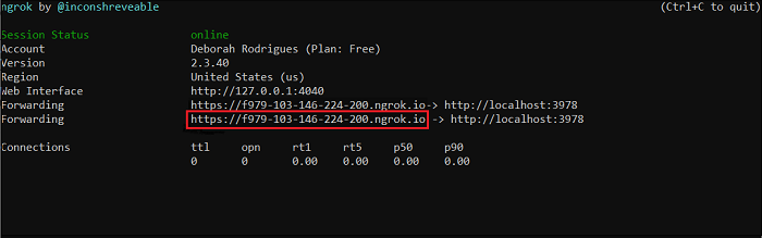 Capture d’écran de ngrok montrant l’URL HTTPS mise en surbrillance en rouge.