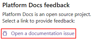 Capture d’écran montrant l’option permettant d’ouvrir un problème de documentation pour la documentation de la plateforme.
