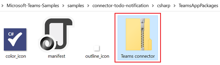 Capture d’écran du dossier Manifeste avec le connecteur Teams mis en évidence en rouge.