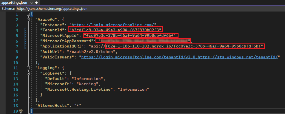 Capture d’écran montrant les modifications apportées au fichier de paramètres de l’application.