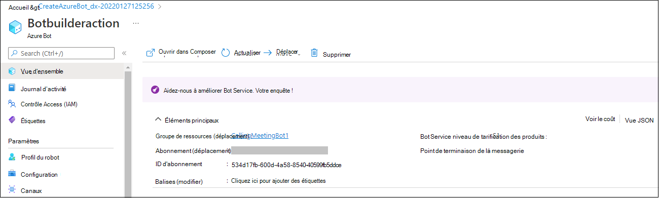 Capture d’écran de la page d’accueil du bot Azure créée.