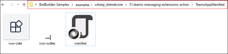 Capture d’écran du dossier manifeste de l’application Teams avec le chemin d’accès et le fichier manifeste mis en évidence en rouge.