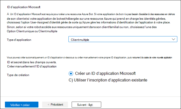 Capture d’écran de Microsoft section ID d’application sous Créer un bot Azure. Les options Type d’application sélectionnée et Vérifier plus créer sont mises en surbrillance en rouge.
