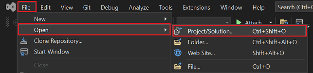 Capture d’écran de Visual Studio avec le projet/la solution mis en évidence en rouge.