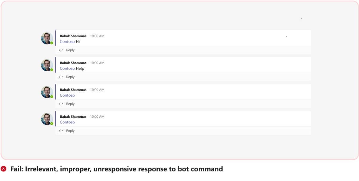 Le graphique montre un exemple de réponse non valide pour une commande de bot incorrecte.