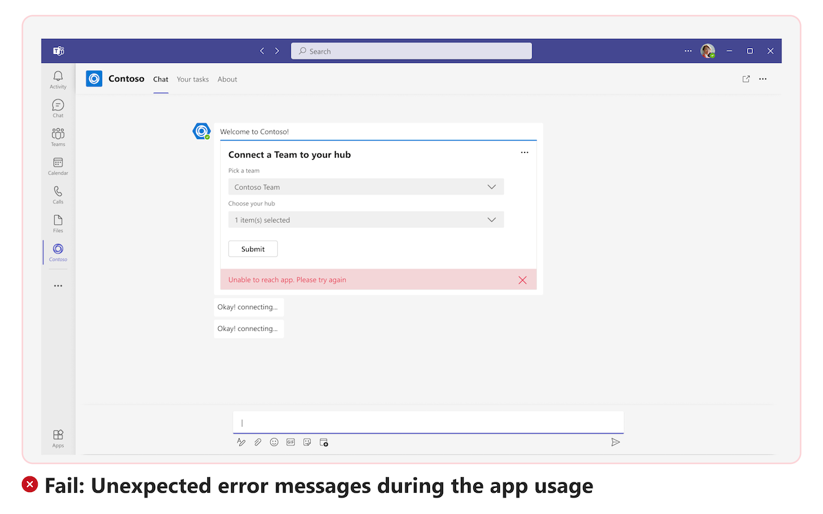 Capture d’écran montrant le message d’erreur inattendu lors de l’utilisation de l’application.