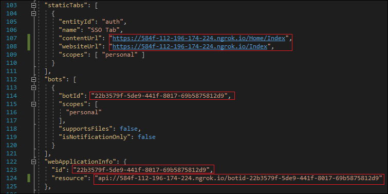 Capture d’écran du fichier manifest.json avec les valeurs entrées en surbrillance en rouge.