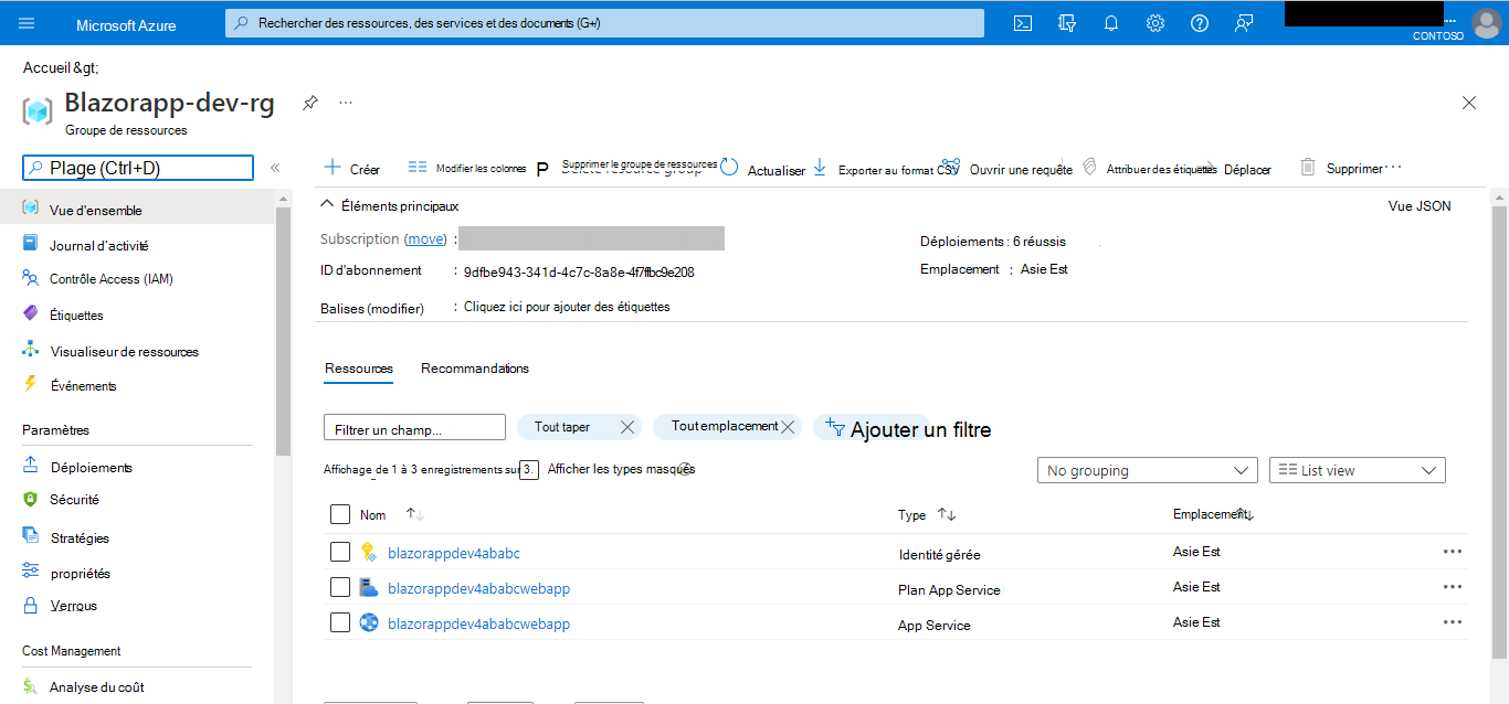 Capture d’écran de Blazorapp-dev-rg affichant les ressources approvisionnées dans le Portail Azure.
