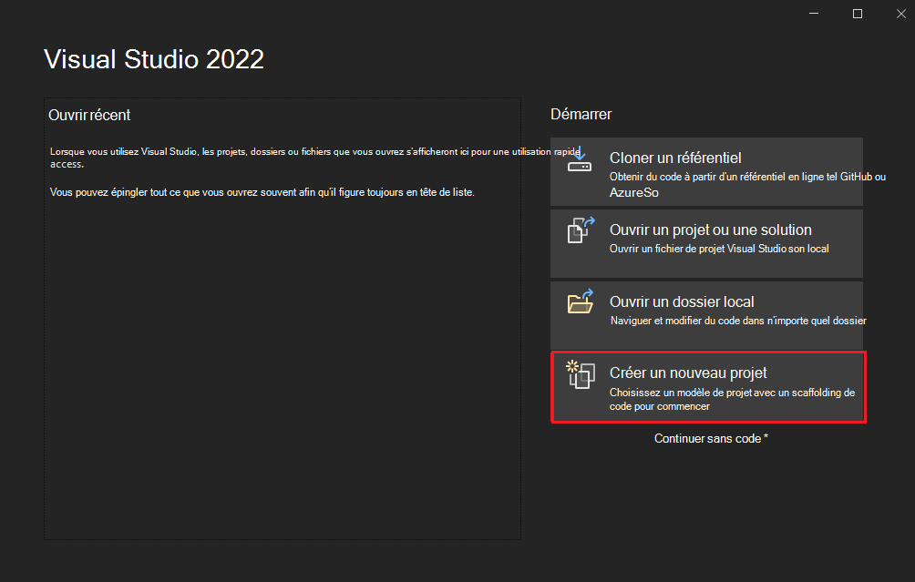 Capture d’écran de Visual Studio avec l’option Créer un projet mise en évidence en rouge pour l’application blazor.