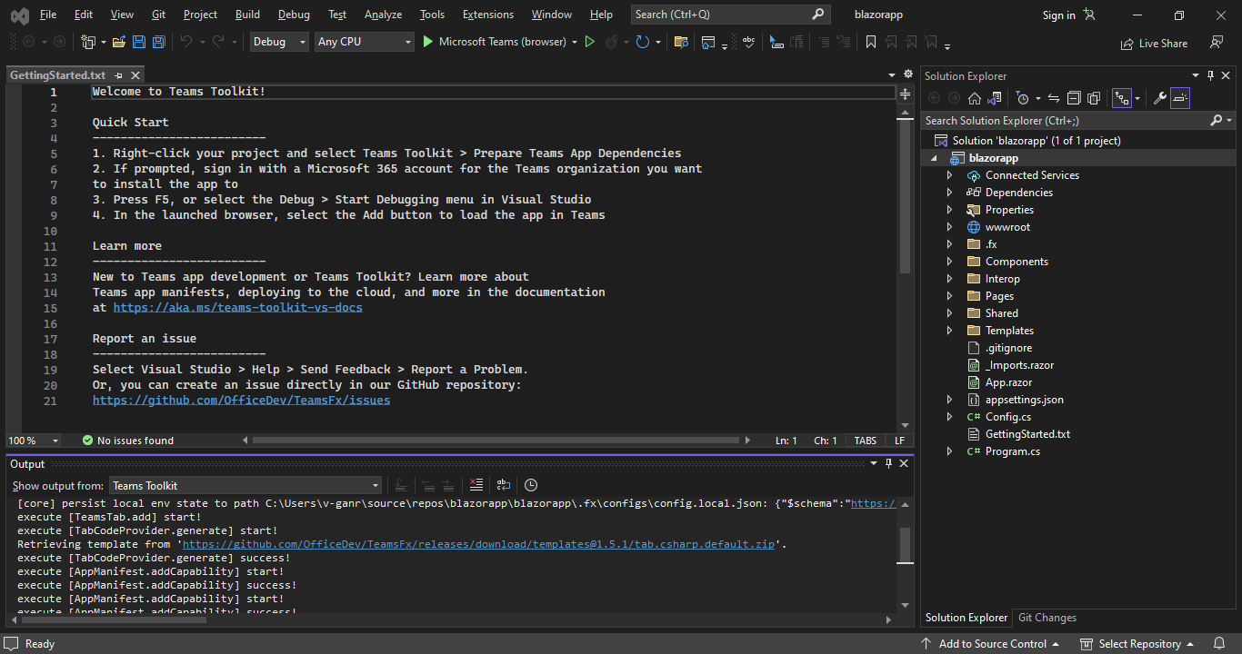 Capture d’écran de Visual Studio affichant des conseils pour bien démarrer lors de la création de votre application.