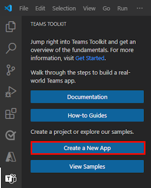 Capture d’écran montrant l’emplacement du lien Create Nouveau projet dans la barre latérale du Kit de ressources Teams.