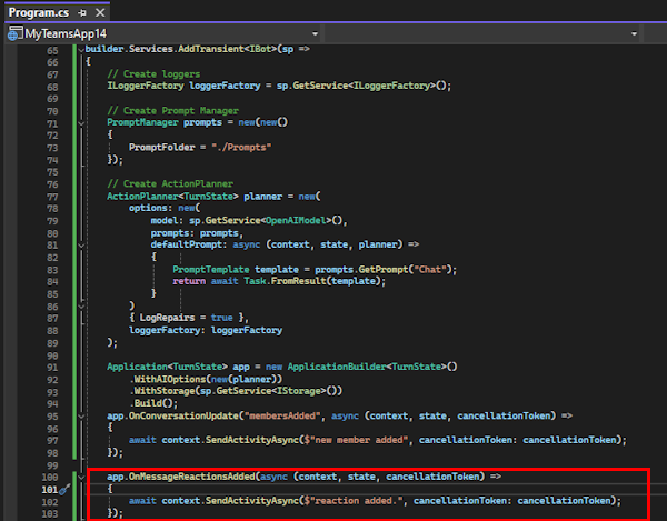 Capture d’écran montrant le code ajouté à program.cs fichier pour la personnalisation de l’activité fictive.
