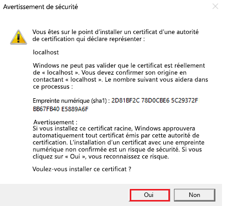 Capture d’écran montrant l’autorité de certification pour installer le certificat.