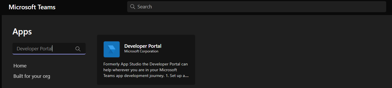 Capture d’écran de la sélection de l’application Portail des développeurs.