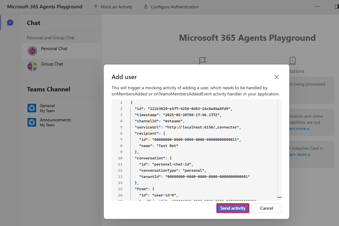 Capture d’écran montrant l’option d’envoi d’une activité pour l’ajout d’un utilisateur d’activité fictive prédéfini.