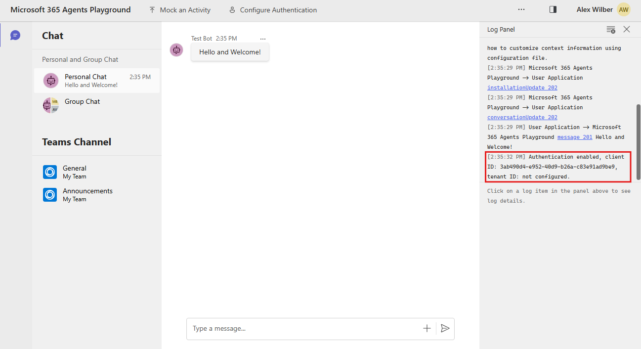 Capture d’écran montrant le message du panneau de journal indiquant que les paramètres d’authentification ont été correctement configurés.