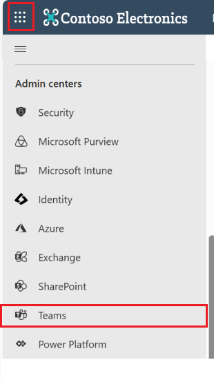 Capture d’écran montrant le client Teams dans le volet gauche du centre Administration Microsoft 365.