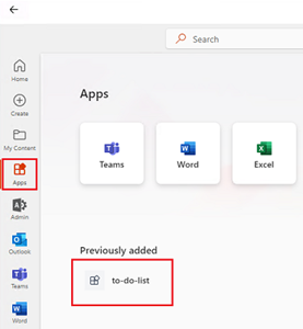 Capture d’écran montrant l’option Applications dans la barre latérale du client de bureau Microsoft 365 pour voir votre application d’onglet installée.