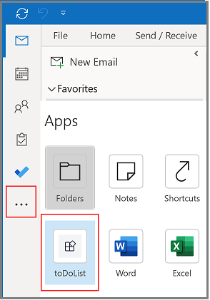 Capture d’écran montrant l’option Plus d’applications dans la barre latérale du client de bureau Outlook pour voir votre application d’onglet installée.