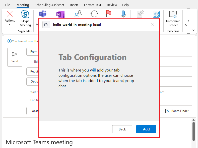 Page de configuration de l’application de réunion affichée à partir du planificateur de réunions Outlook
