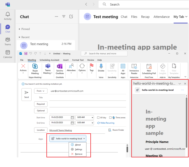 Capture d’écran d’un exemple d’application de réunion en cours d’exécution dans Teams et Outlook