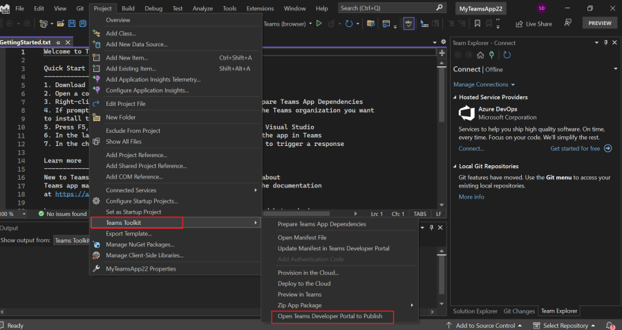 Capture d’écran montrant comment ouvrir le portail des développeurs à partir de Visual Studio.