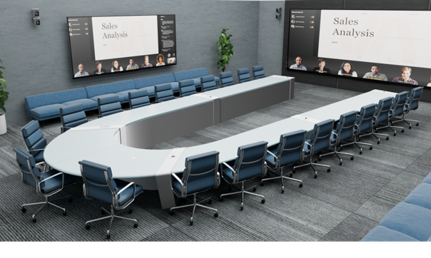 Rendu d’une configuration de salle de conseil d’administration 3D standard avec une table en U.