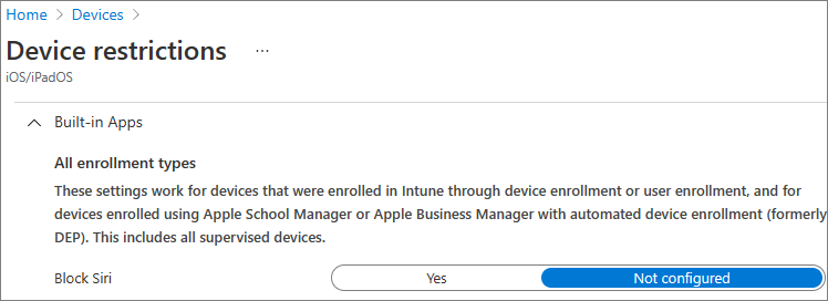 Capture d’écran de la définition de l’option Bloquer Siri sur non configurée.