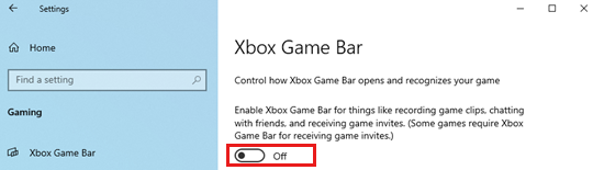 Capture d’écran montrant l’option désactiver dans la page Xbox Game Bar.