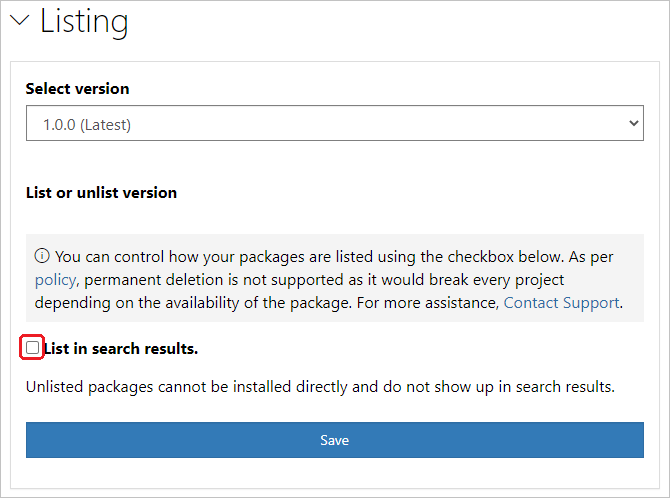 Screenshot that shows clearing the List checkbox for a package on nuget.org.