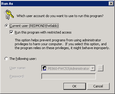 Boîte de dialogue Exécuter avec des restrictions