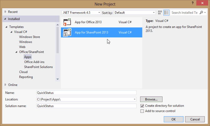 Création d’une application Project Server dans Visual Studio