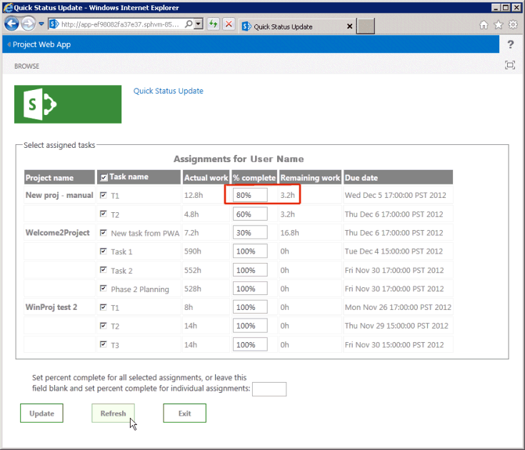 Actualisation de la page QuickStatus Actualisation de la page QuickStatus