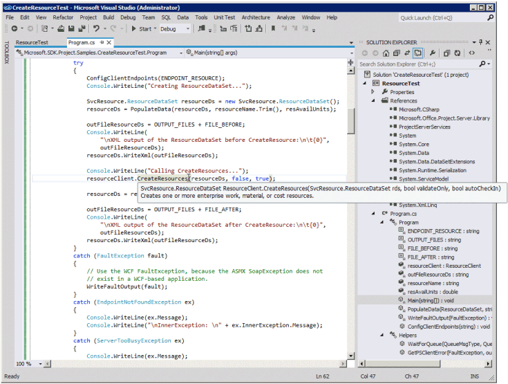 Utilisation d’IntelliSense pour la méthode ReadResource