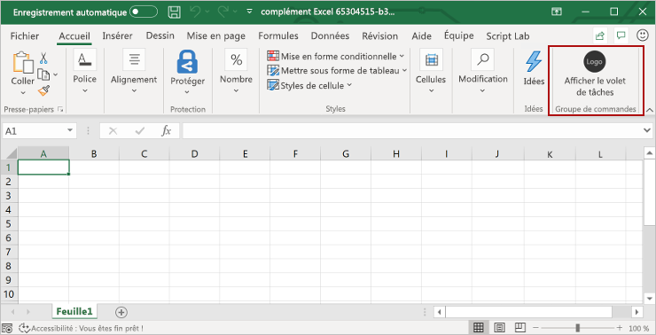 Menu Accueil d’ Excel, avec le bouton Afficher le volet Office mis en évidence
