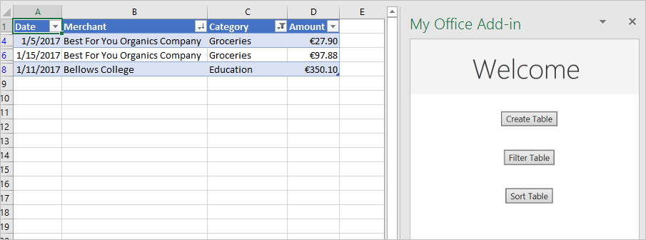 Excel avec les boutons Filtrer le tableau et Trier le tableau visibles dans le volet Office du complément.