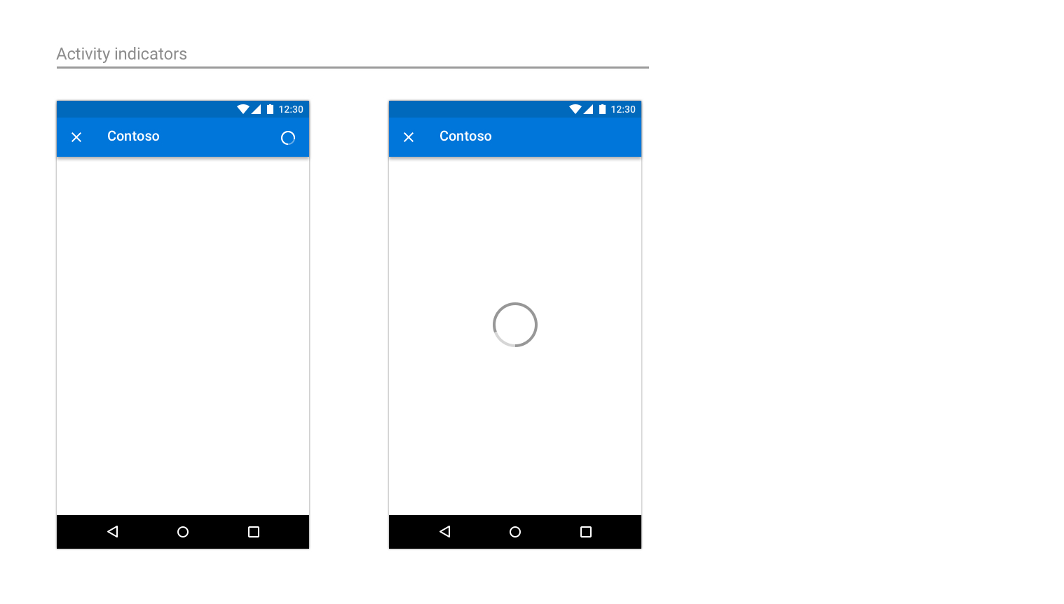 Exemples illustrant une barre de progression et un indicateur d’activité sur Android.