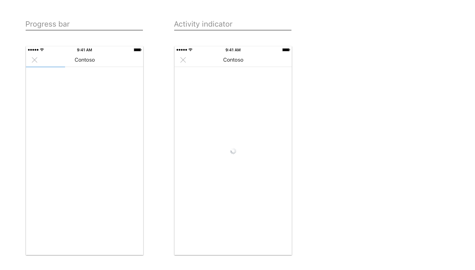 Exemples illustrant une barre de progression et un indicateur d’activité sur iOS.