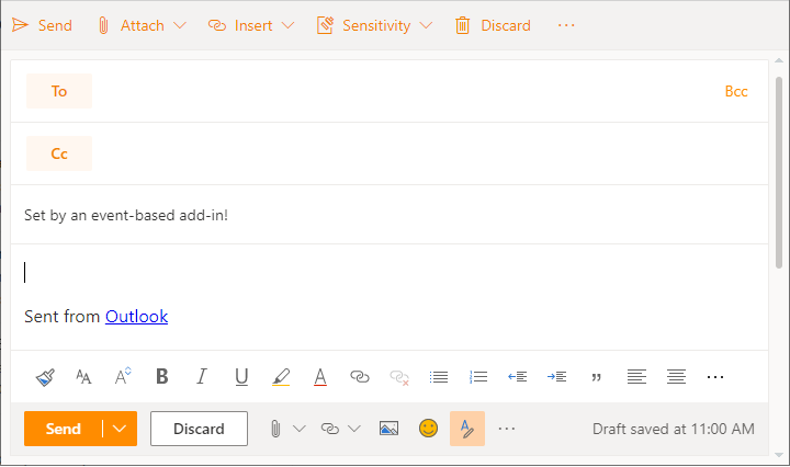 Une fenêtre de message dans Outlook sur le web avec l’objet défini sur compose.