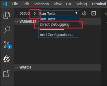 Option Débogage direct sélectionnée dans les options de configuration dans la liste déroulante Débogage de Visual Studio Code.