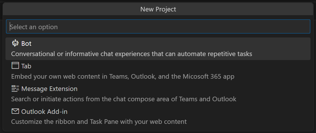 Les quatre options de la liste déroulante Nouveau projet. La quatrième option est appelée « Complément Outlook ».