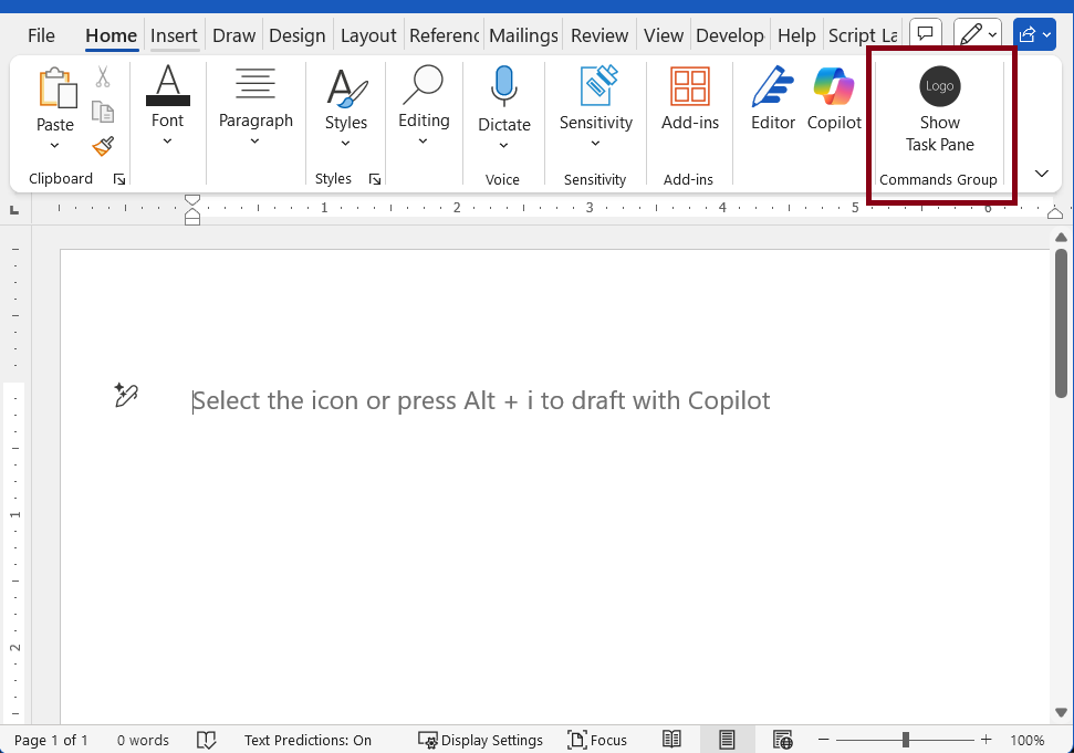 Bouton Afficher le volet Office mis en évidence dans Word.