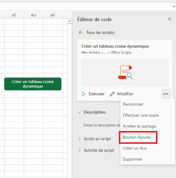 Bouton « Ajouter un classeur » dans la page des détails du script « Créer un rapport » avec un bouton nommé « Créer un rapport » affiché dans la grille Excel.