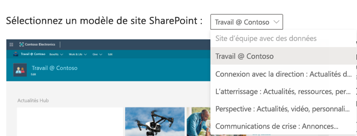 Capture de l’écran de sélection du modèle SharePoint