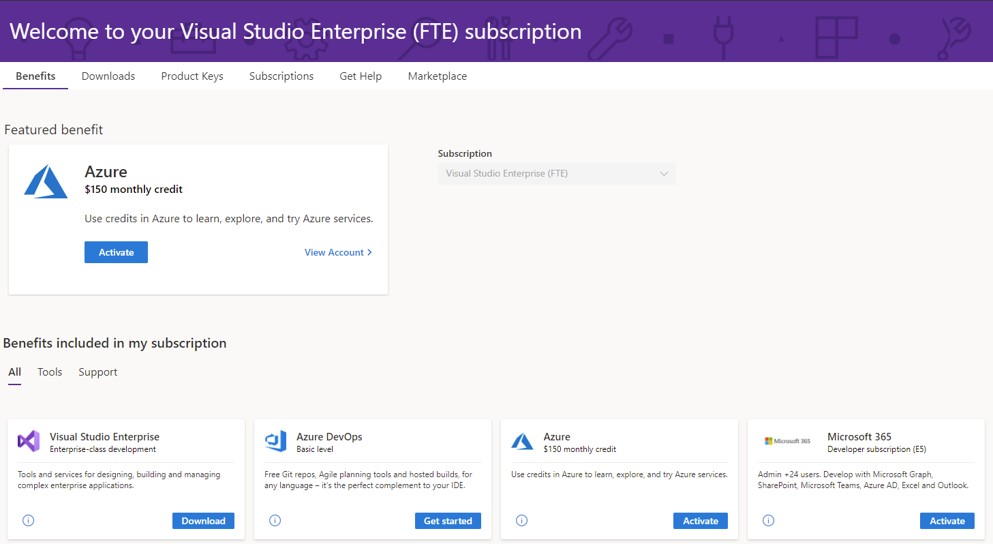 Capture d’écran de la page Visual Studio avec la vignette d’abonnement Microsoft 365 pour les développeurs