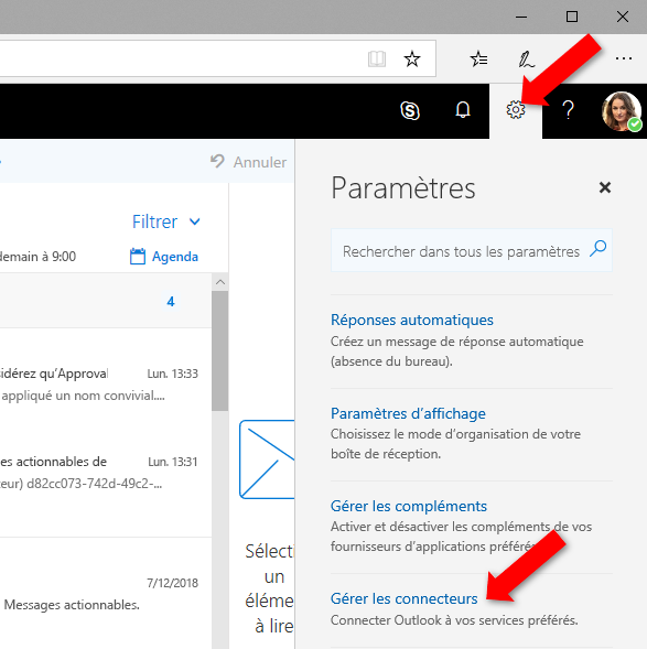 Capture d’écran du menu Paramètres dans Outlook sur le web.